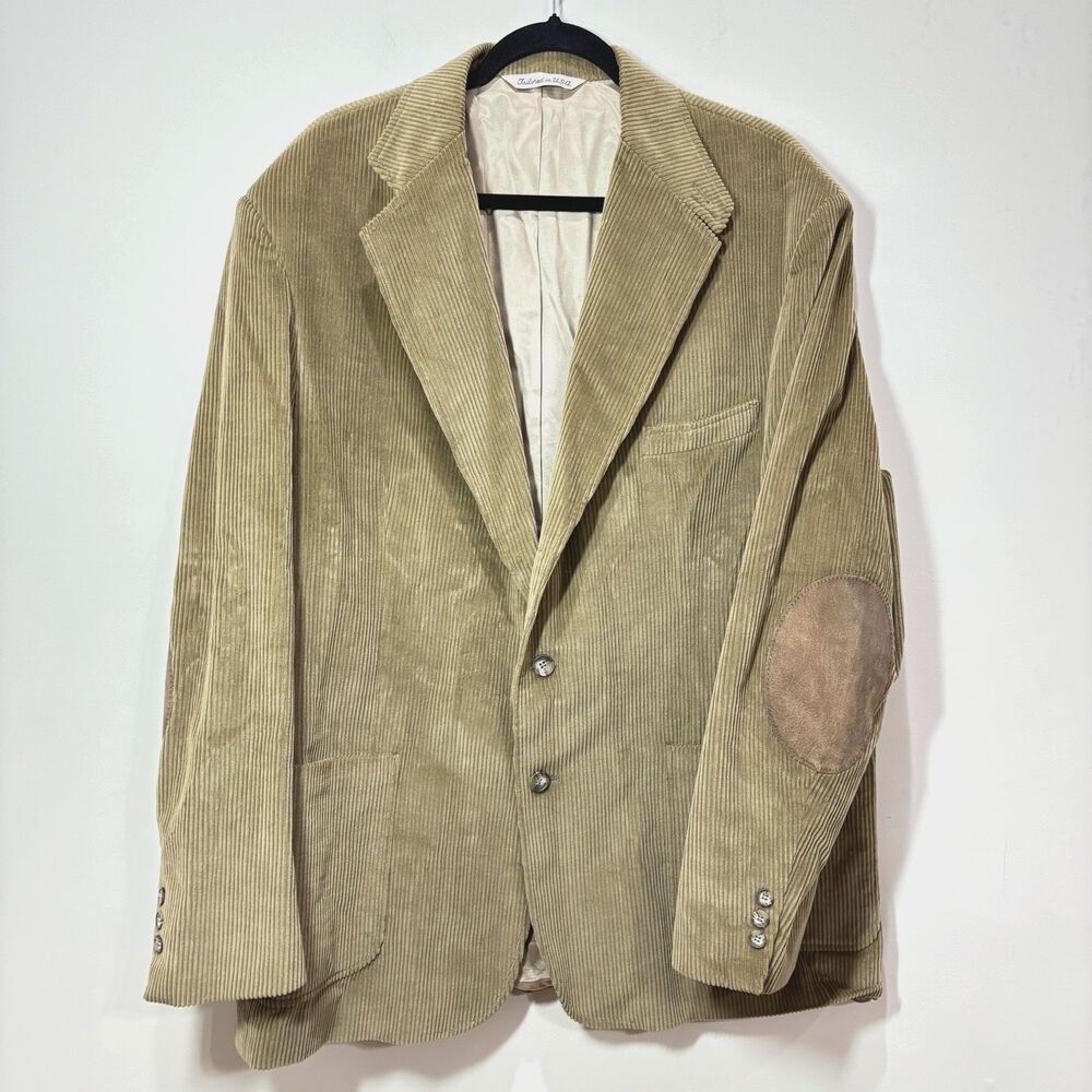 Stafford Men Thick Corduroy Blazer Tan Brown Elbow Patch 48L Professor Academia